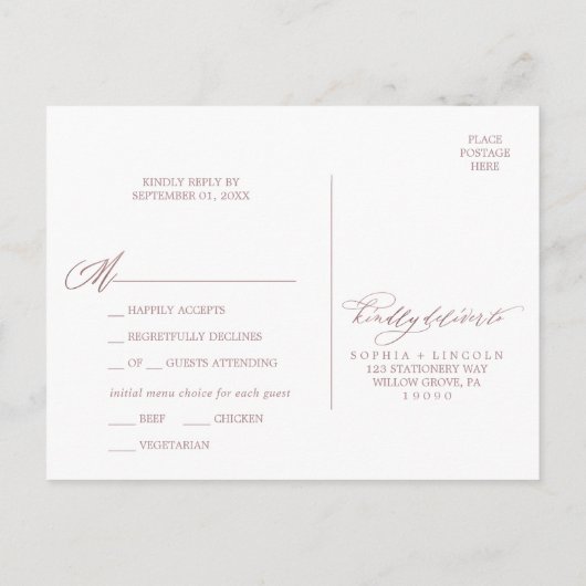 Romantic Roos Gold Calligraphy Menu Keuze RSVP (Achterkant)