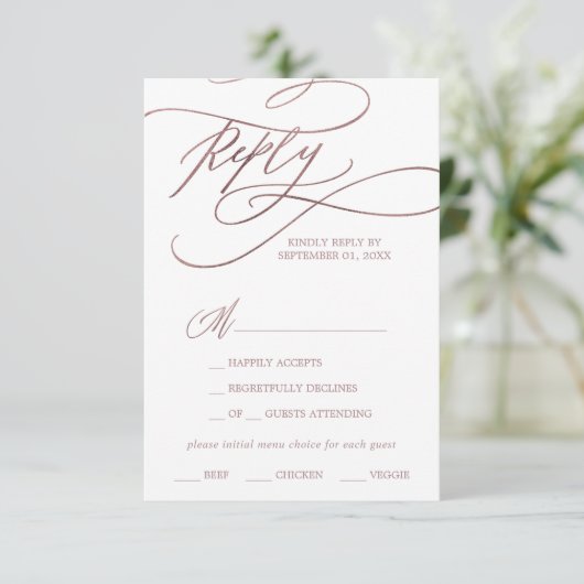 Romantic Roos Gold Calligraphy Menu Keuze RSVP (Staand voorkant)