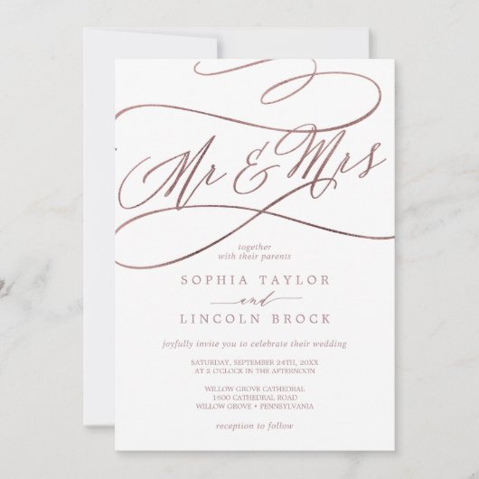 Romantic Roos Gold Calligraphy Mr & Mrs Wedding Kaart (Voorkant)