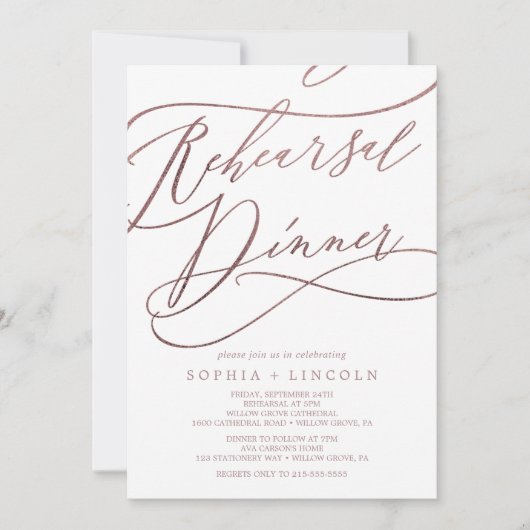 Romantic Roos Gold Calligraphy Rehearsal Dinner Kaart (Voorkant)