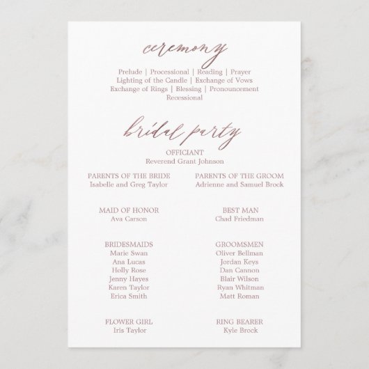Romantic Roos Gold Calligraphy Wedding Programmakaart (Achterkant)