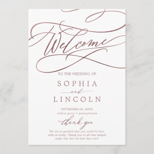 Romantic Roos Gold Calligraphy Wedding Programmakaart (Voorkant)