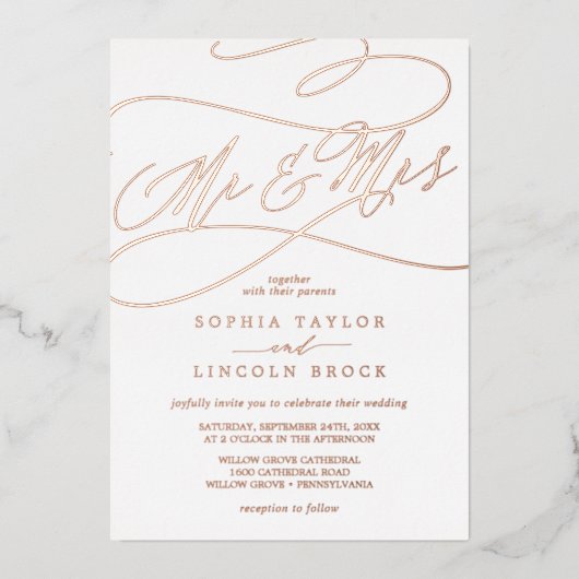 Romantic Roos Gold Foil Mr & Mrs Wedding Folie Uitnodiging (Voorkant)