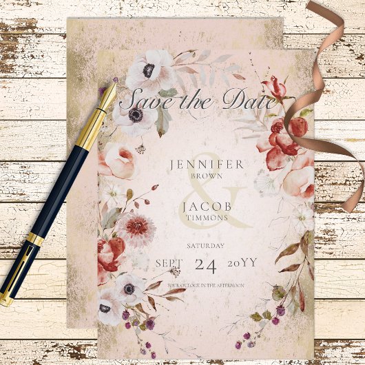 Romantic Roos Pink Gold Floral Save the Date Kaart