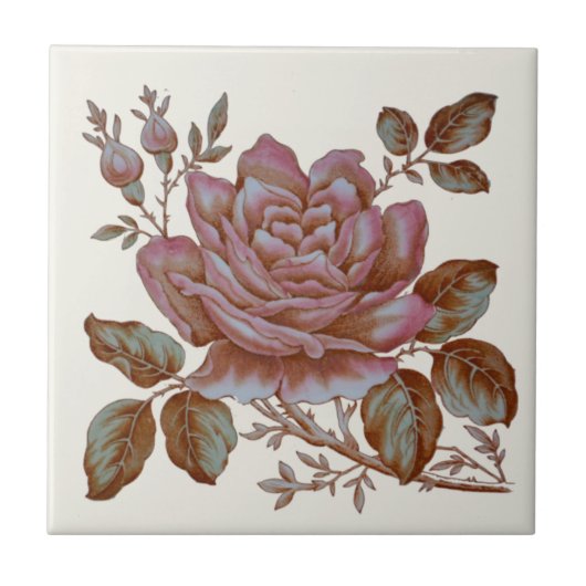 Romantic Roos Transferware Tile c. 1900-ontwerp Tegeltje (Voorkant)