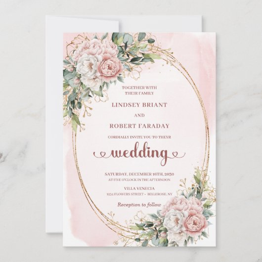 Romantic Rose Gold Blush Floral Greenery Wedding  Kaart (Voorkant)