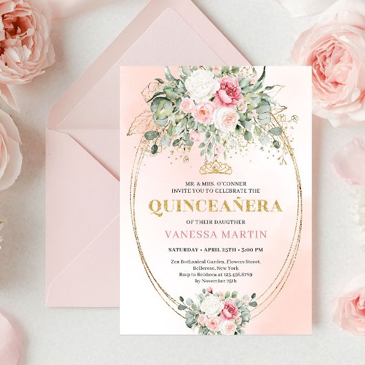 Romantic Rose Gold Blush Quinceañera Invitation Kaart