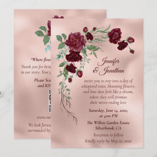 Romantic Rose Gold Floral Customizable Wedding Kaart (Voorkant / Achterkant)