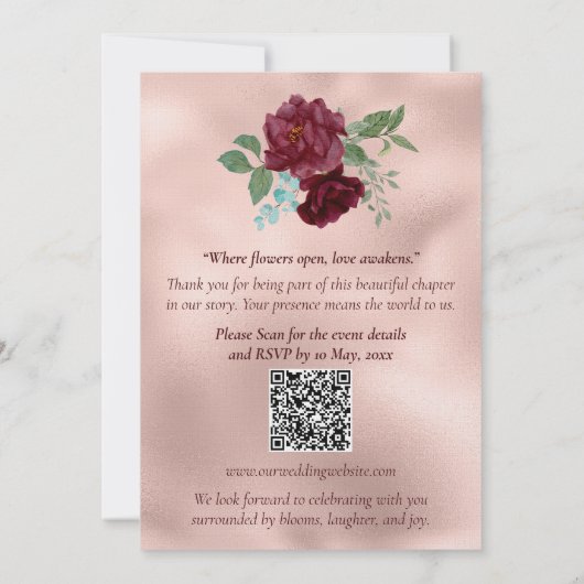 Romantic Rose Gold Floral Customizable Wedding Kaart (Achterkant)