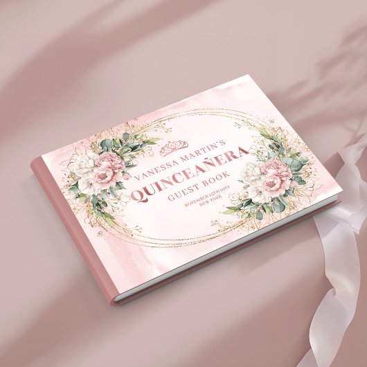 Romantic Rose Gold Floral Greenery Quinceañera  Gastenboek