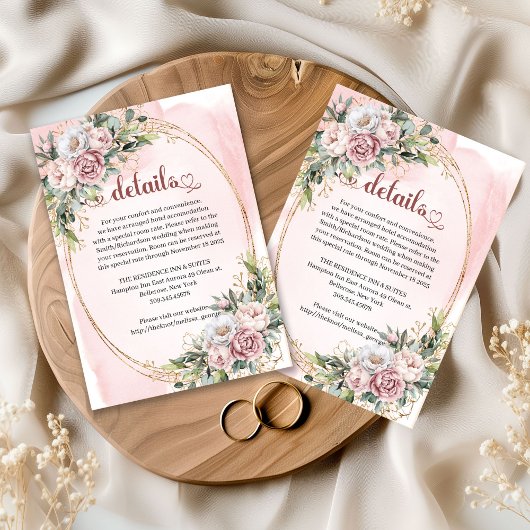 Romantic Rose Gold Floral Greenery Wedding Details Informatiekaartje