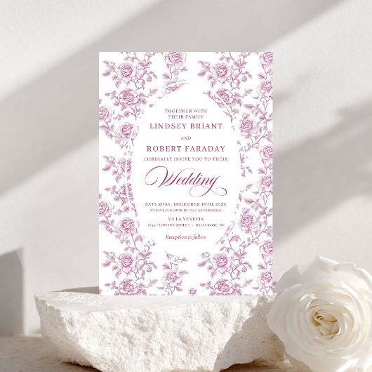 Romantic Rose Gold Floral Toile Wedding Invitation Kaart