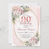 Romantic Rose Gold Greenery 90th Birthday Invite Kaart (Voorkant)