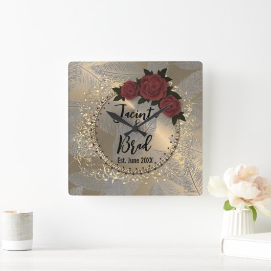 Romantic Rose Wreath Feather Wedding Vierkante Klok (Huis)