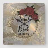 Romantic Rose Wreath Feather Wedding    Vierkante Klok (Voorkant)