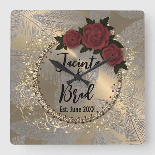 Romantic Rose Wreath Feather Wedding Vierkante Klok (Voorkant)