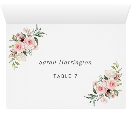 Romantic Roses Dusty Roos Wedding Place Card (Binnen Horizontaal (Onder))