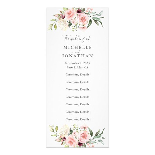 Romantic Roses Dusty Roos Wedding Programme Reclamekaart (Voorkant)