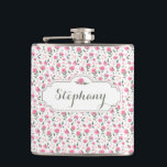 Romantic Roses Eigen naam Feminininekolf Heupfles<br><div class="desc">Kolf met Romantic  roze rozen Feminine  Patroon op een witte achtergrond. Heel mooi en meisjesvormig design met een eigen naam.</div>