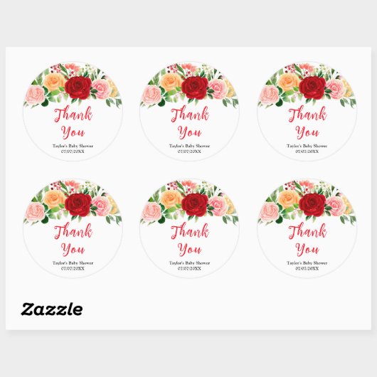 Romantic Roses Floral Baby Shower Thank You Ronde Sticker (Vel)