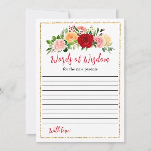 Romantic Roses Floral Baby Shower Words Of Wisdom Kaart (Voorkant)