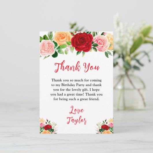 Romantic Roses Floral Birthday Party Bedankkaart (Staand voorkant)