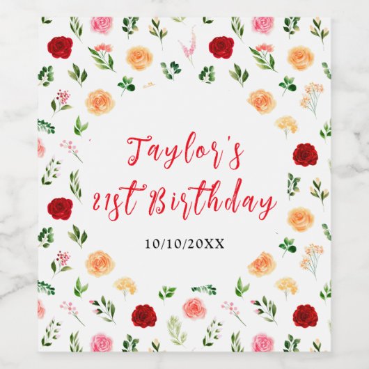 Romantic Roses Floral Birthday Wijn Etiket (Enkel label)