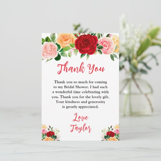 Romantic Roses Floral Bridal Shower Bedankkaart (Staand voorkant)