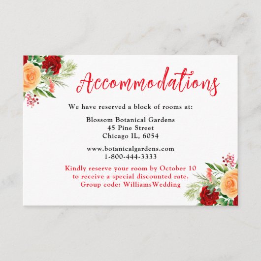 Romantic Roses Floral Wedding Accommodations Informatiekaartje (Voorkant)