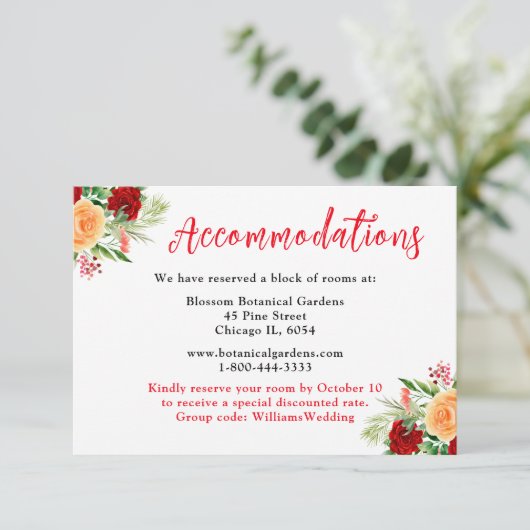 Romantic Roses Floral Wedding Accommodations Informatiekaartje (Staand voorkant)