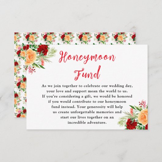 Romantic Roses Floral Wedding Honeymoon Fund Informatiekaartje (Voorkant / Achterkant)