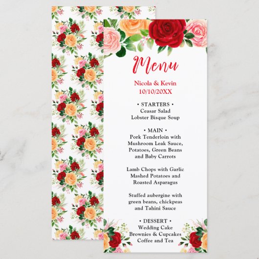 Romantic Roses FloralRomantic Red and Oran Wedding Menu (Voorkant / Achterkant)