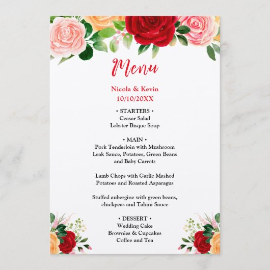 Romantic Roses FloralRomantic Red and Oran Wedding Menu (Voorkant)