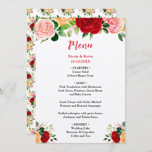Romantic Roses FloralRomantic Red and Oran Wedding Menu (Voorkant / Achterkant)