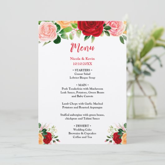 Romantic Roses FloralRomantic Red and Oran Wedding Menu (Staand voorkant)