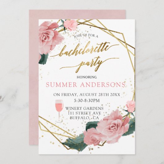 Romantic Roses Gold Wine Bachelorette Kaart (Voorkant / Achterkant)