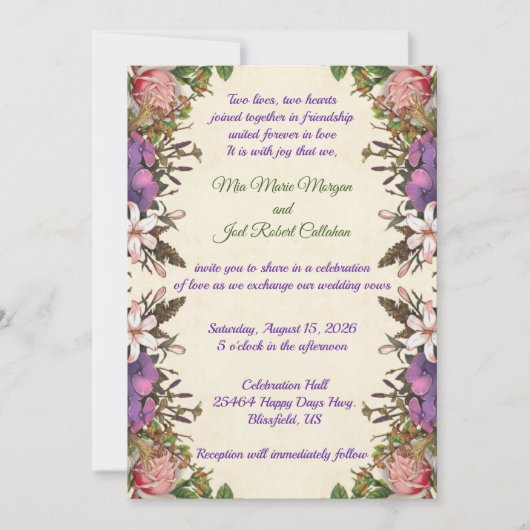 Romantic Roses & Paarse Petals Wedding Invite Kaart (Voorkant)