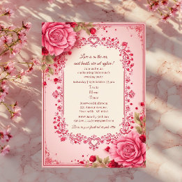 Romantic Roses Pink Heart Motifs Valentine Party Kaart