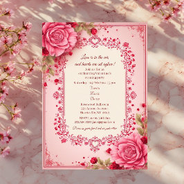 Romantic Roses Pink Heart Motifs Valentine Party Kaart
