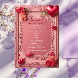 Romantic Roses Red Hearts Rustic Valentine Party Kaart