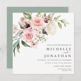 Romantic Roses Sage Green Wedding Invitation Kaart