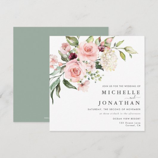 Romantic Roses Sage Green Wedding Invitation Kaart (Voorkant / Achterkant)