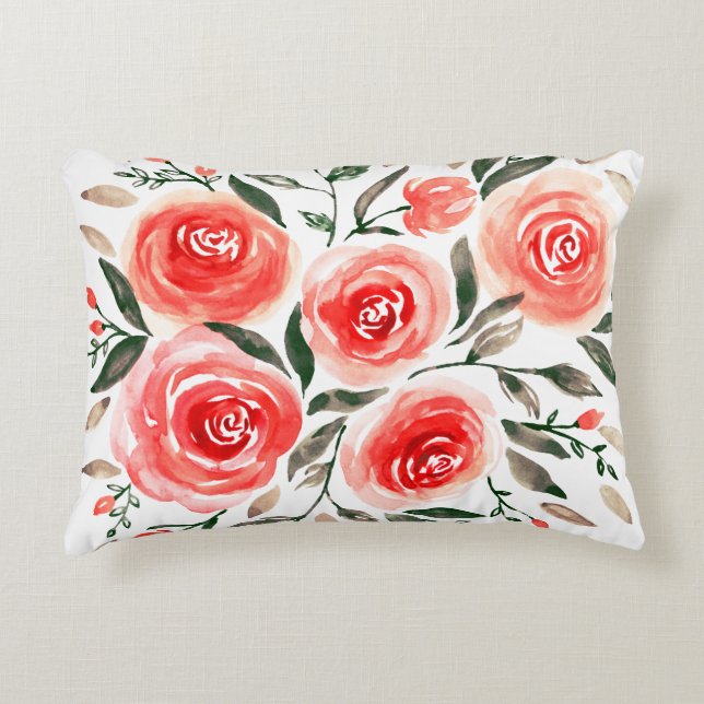 Romantic Roses Waterverf Floral Decoratief Kussen (Voorkant)