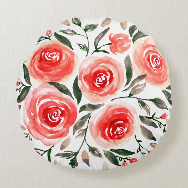 Romantic Roses Waterverf Floral Rond Kussen (Voorkant)