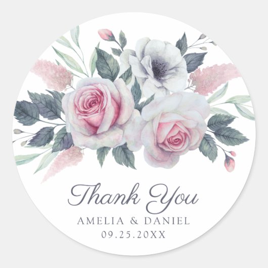 Romantic Roses Waterverf Floral Wedding Ronde Sticker (Voorkant)