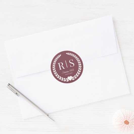 Romantic Rosewood Wedding Monogram Initials Ronde Sticker (Envelop)