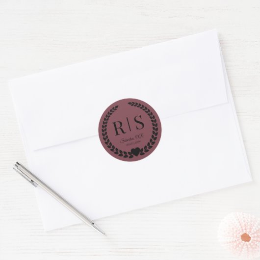 Romantic Rosewood Wedding Monogram Initials Ronde Sticker (Envelop)