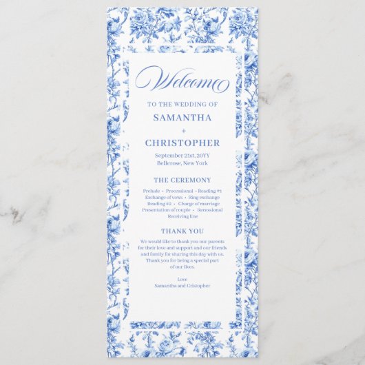 Romantic Royal Blue Toile de Jouy Wedding Program Programmakaart (Voorkant)