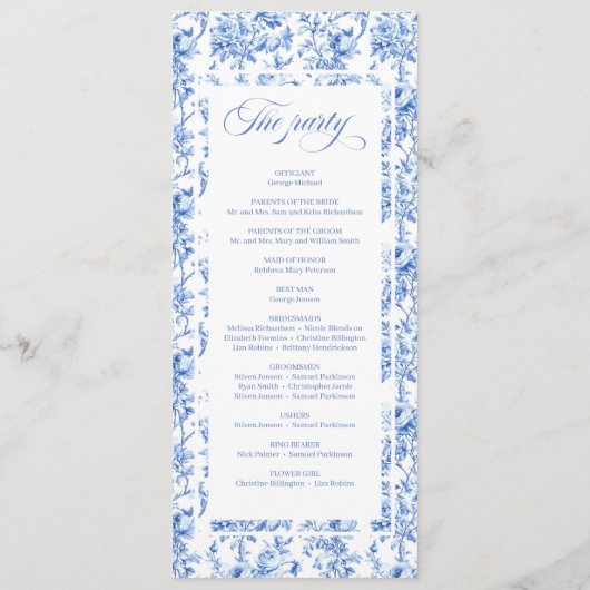 Romantic Royal Blue Toile de Jouy Wedding Program Programmakaart (Achterkant)