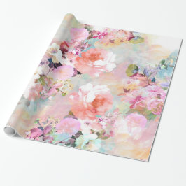Romantic Roze Blauwgroen Waterverf Chic Floral Pat Cadeaupapier